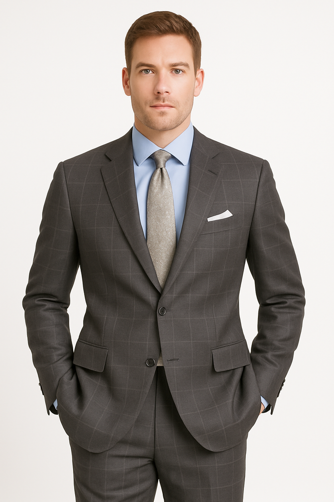 Men's Grey Two Buttons Plaid ~ Window Pane Cheap Priced Business Suits Clearance Sale Flat Front Pants Regular Cut