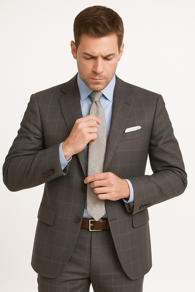 Men's Grey Two Buttons Plaid ~ Window Pane Cheap Priced Business Suits Clearance Sale Flat Front Pants Regular Cut