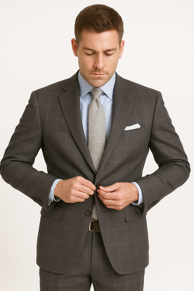 Men's Grey Two Buttons Plaid ~ Window Pane Cheap Priced Business Suits Clearance Sale Flat Front Pants Regular Cut
