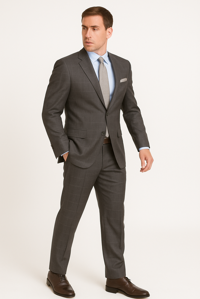 Men's Grey Two Buttons Plaid ~ Window Pane Cheap Priced Business Suits Clearance Sale Flat Front Pants Regular Cut