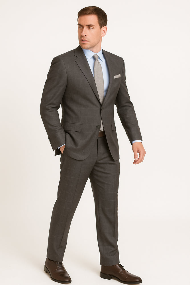 Men's Grey Two Buttons Plaid ~ Window Pane Cheap Priced Business Suits Clearance Sale Flat Front Pants Regular Cut