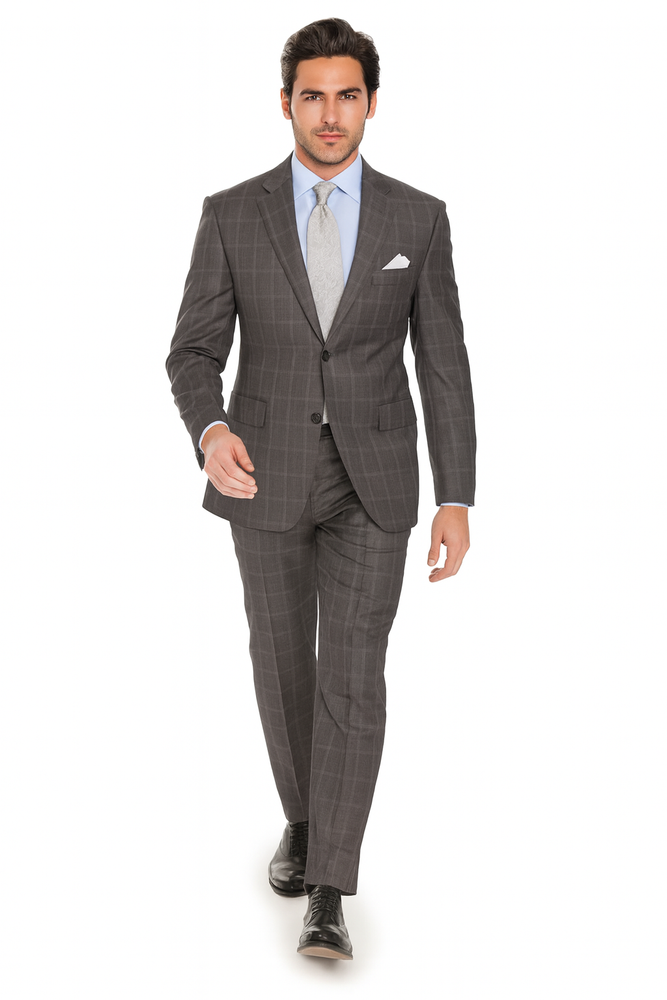 Men's Grey Two Buttons Plaid ~ Window Pane Cheap Priced Business Suits Clearance Sale Flat Front Pants Regular Cut
