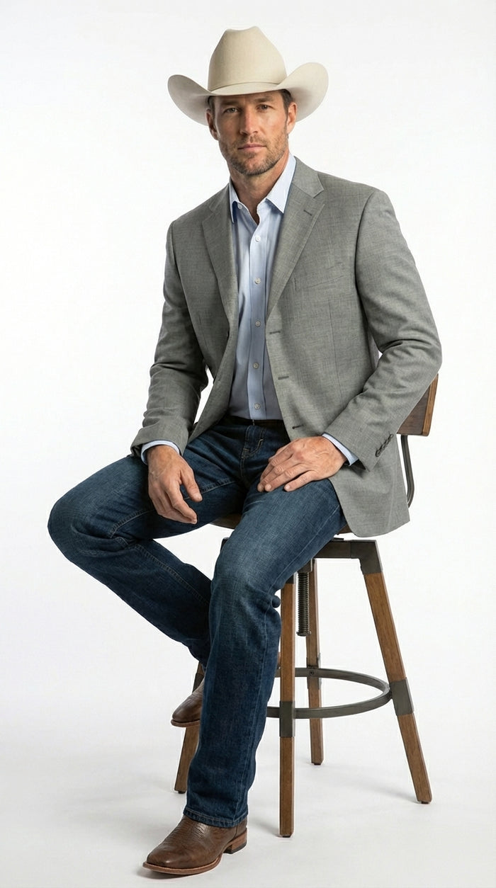 Mens Grey Western Three Button Blazer – Classic Cowboy Style Formal Jacket Business Casual Sport Coat