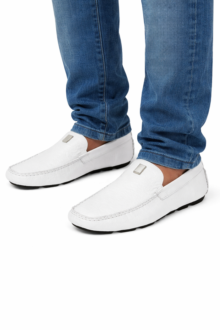 Men's Handmade White Vestigium Genuine Sharkskin Stylish Dress Loafer Full Leather Lining