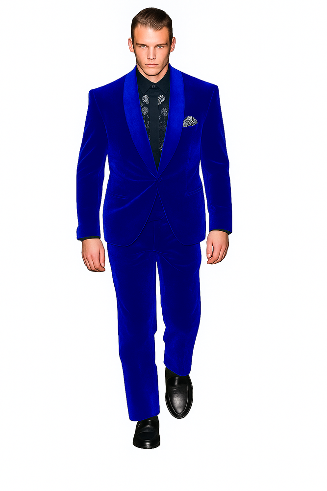 Men's High Fashion Royal Blue Shawl Lapel Velvet Suit + Velvet Pants