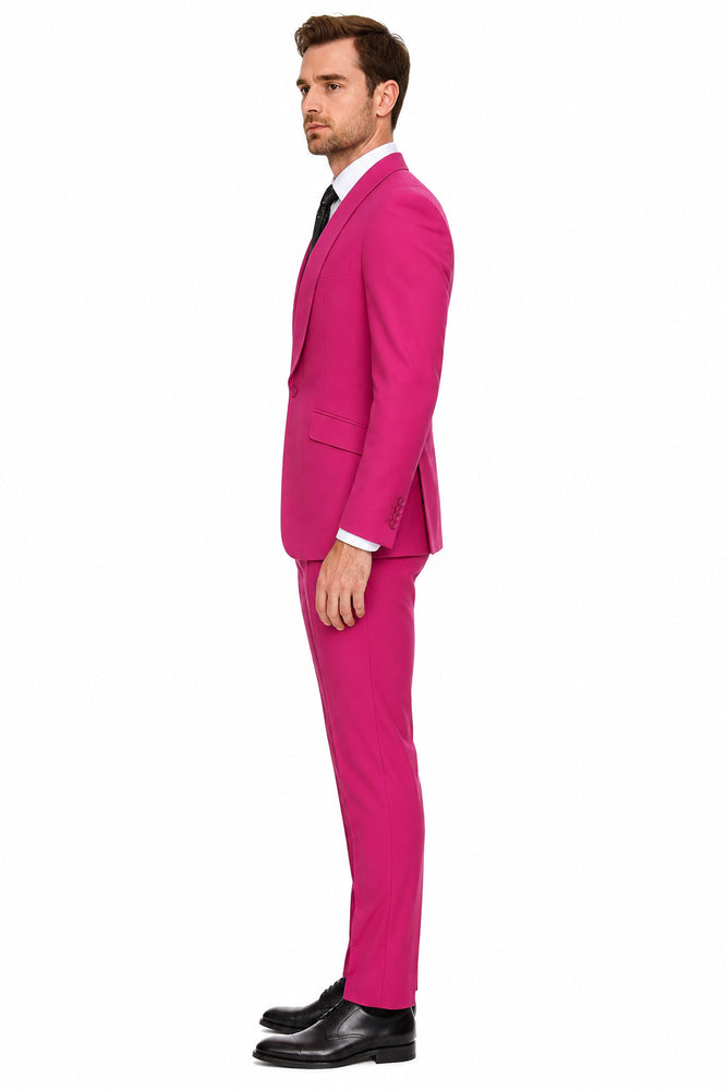 Mens Hot Pink Tuxedo Dinner Jacket + Pants with Shawl Lapel – Slim Fit 2-Piece Suit for Weddings, Proms Suit in Fuchsia Color