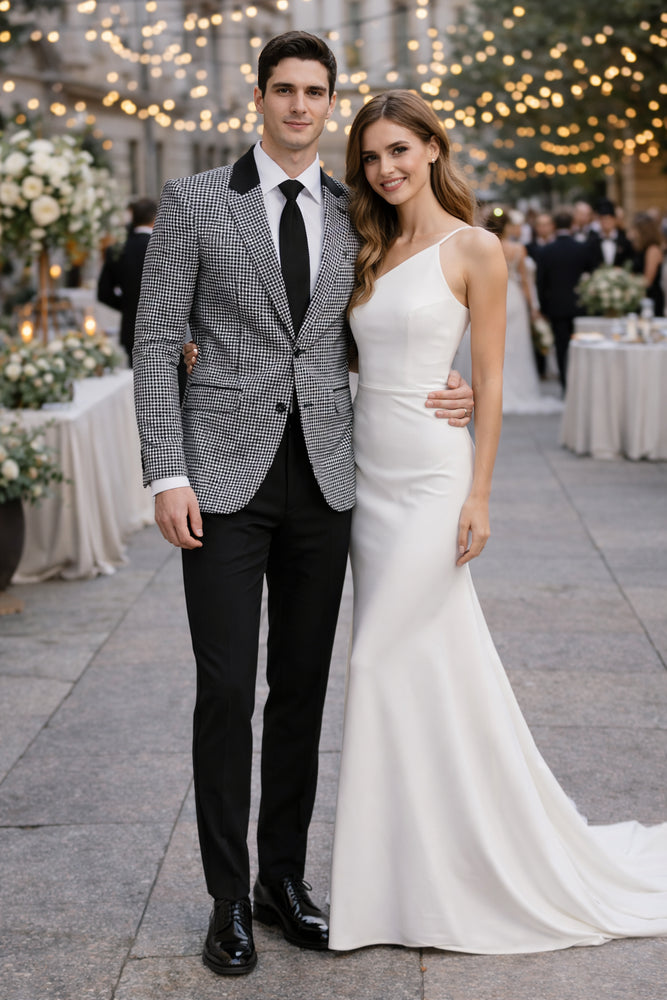 Mens Houndstooth Blazers Mens Two Button houndstooth checkered Designed Black ~ White Blazer