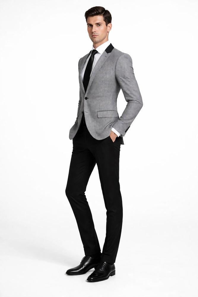 Mens Houndstooth Blazers Mens Two Button houndstooth checkered Designed Black ~ White Blazer