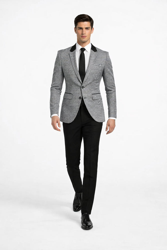 Mens Houndstooth Blazers Mens Two Button houndstooth checkered Designed Black ~ White Blazer
