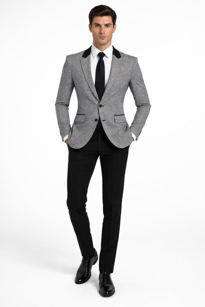 Mens Houndstooth Blazers Mens Two Button houndstooth checkered Designed Black ~ White Blazer