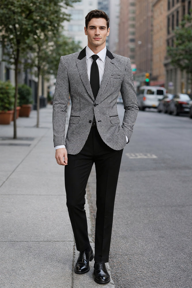 Mens Houndstooth Blazers Mens Two Button houndstooth checkered Designed Black ~ White Blazer