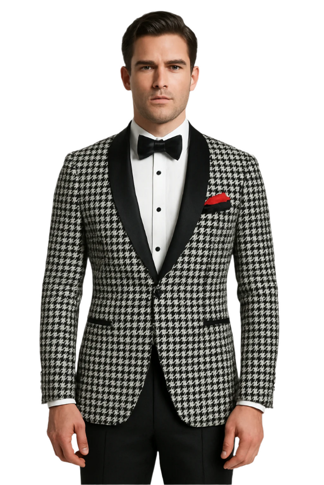 Mens Black and White Tuxedo Houndstooth Prom 2025 Suits - Groom Tuxedo