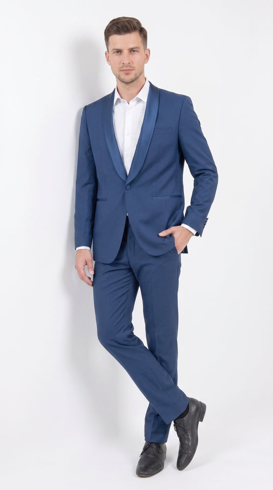 Mens Indigo Cobalt Blue Light Royal Blue Tuxedo Suit – Satin Shawl Lapel Wedding, Prom and Formal 2-Piece Suit