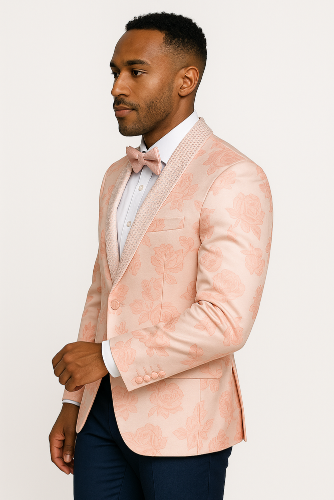 Mens Paisley Jeweled Shawl Prom 2025 Tuxedo in Blush Pink