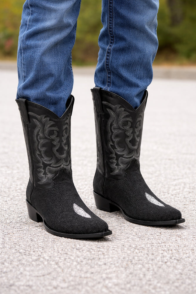Men's King Exotic Snip Toe Stingray Boots Single Stone Handmade Black (4941205-)