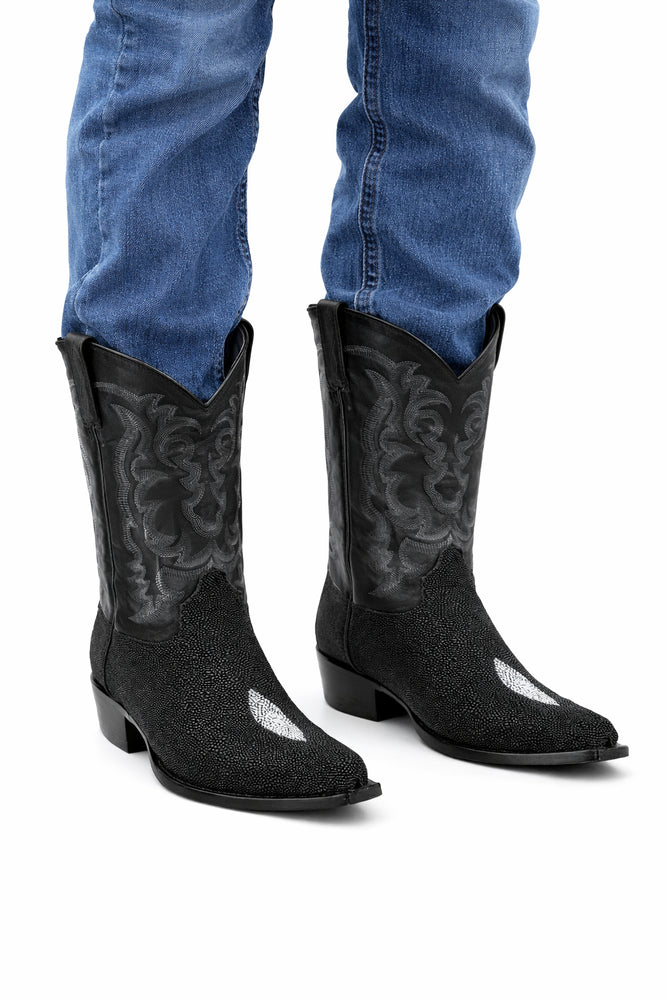 Men's King Exotic Snip Toe Stingray Boots Single Stone Handmade Black (4941205-)