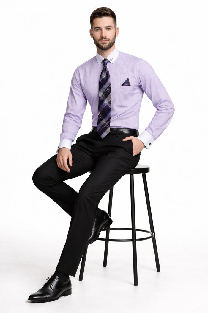 Lavender Pin Collar Dress Shirt With Collar Bar