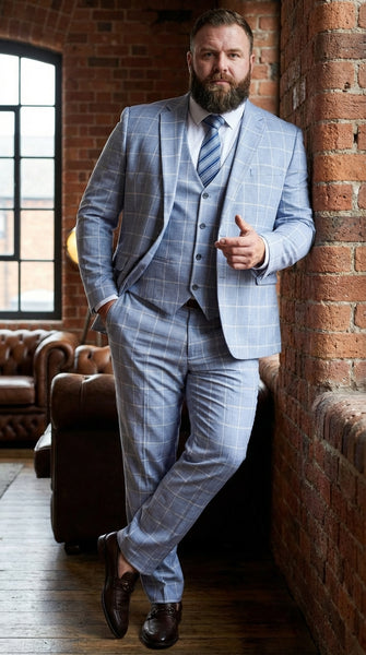 Mens Light Blue Plaid Three Piece Suit – Windowpane Check Wedding and Business Formal Suit Set