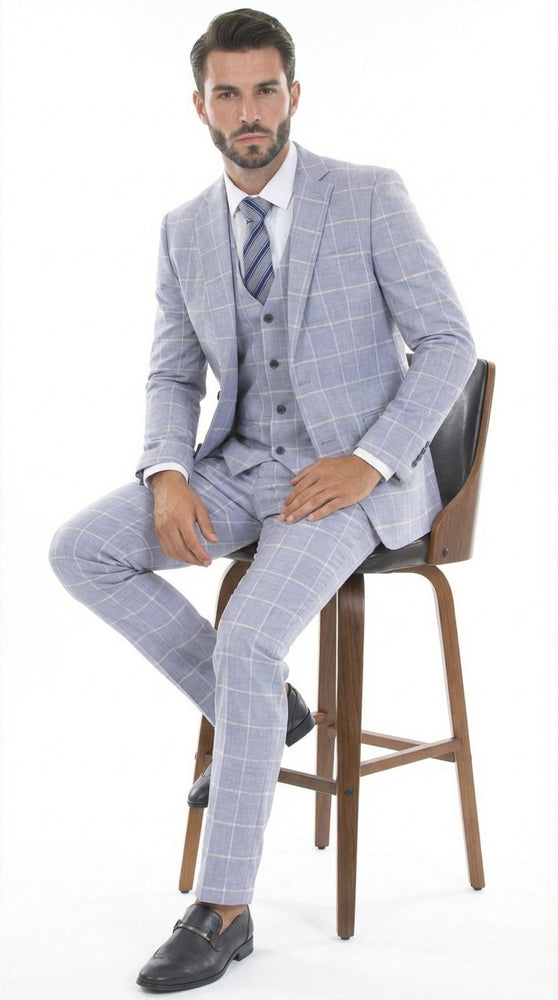 Mens Light Blue Plaid Three Piece Suit – Windowpane Check Wedding and Business Formal Suit Set