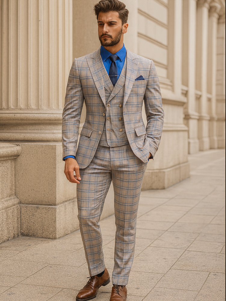 Premium Plaid Groom Suit – Slim Fit 3-Piece Men’s Outfit