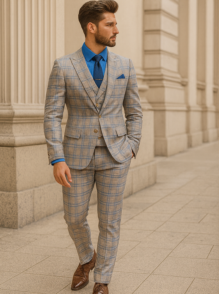 Premium Plaid Groom Suit – Slim Fit 3-Piece Men’s Outfit