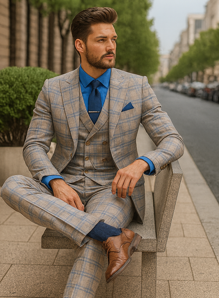 Premium Plaid Groom Suit – Slim Fit 3-Piece Men’s Outfit