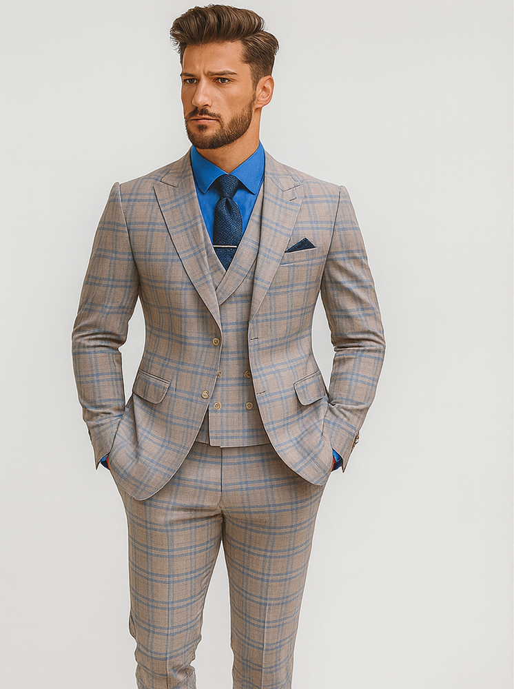 Premium Plaid Groom Suit – Slim Fit 3-Piece Men’s Outfit