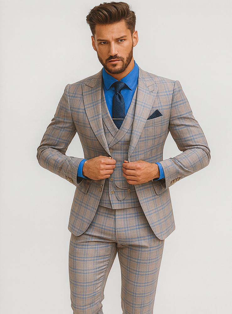 Premium Plaid Groom Suit – Slim Fit 3-Piece Men’s Outfit