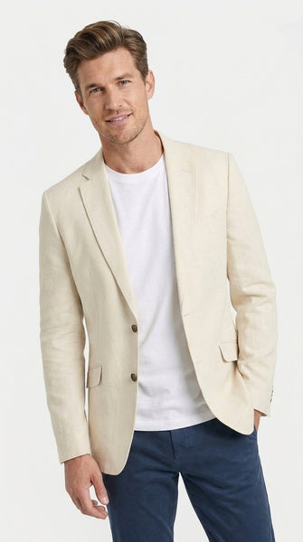 Men's Light Tan Sport Coat – Two-Button Classic Blazer for Business, Wedding & Casual Wear Cream Ivory Linen Fabric