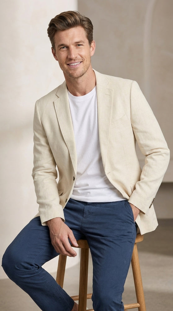 Men's Light Tan Sport Coat – Two-Button Classic Blazer for Business, Wedding & Casual Wear Cream Ivory Linen Fabric