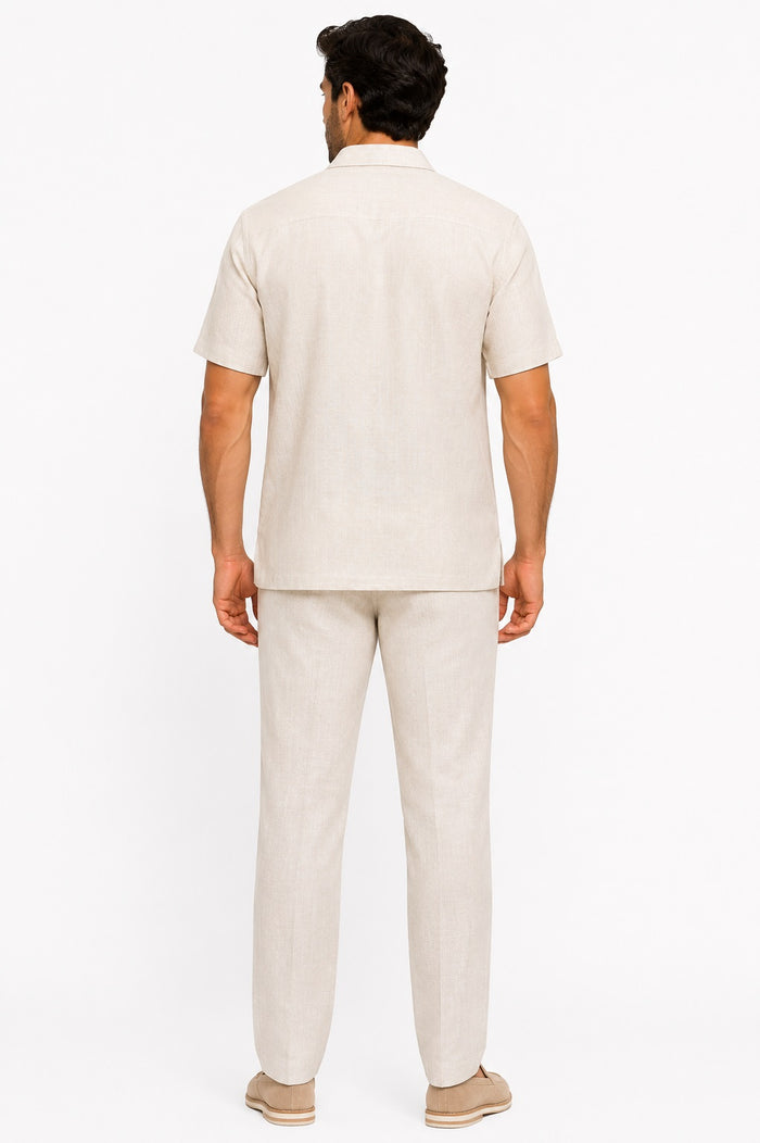 Mens Linen Suit - Summer Casual Two Piece Mens Walking Outfit For Sale Pant Sets Casual Suit Short sleeve Shirt + Pants Natural