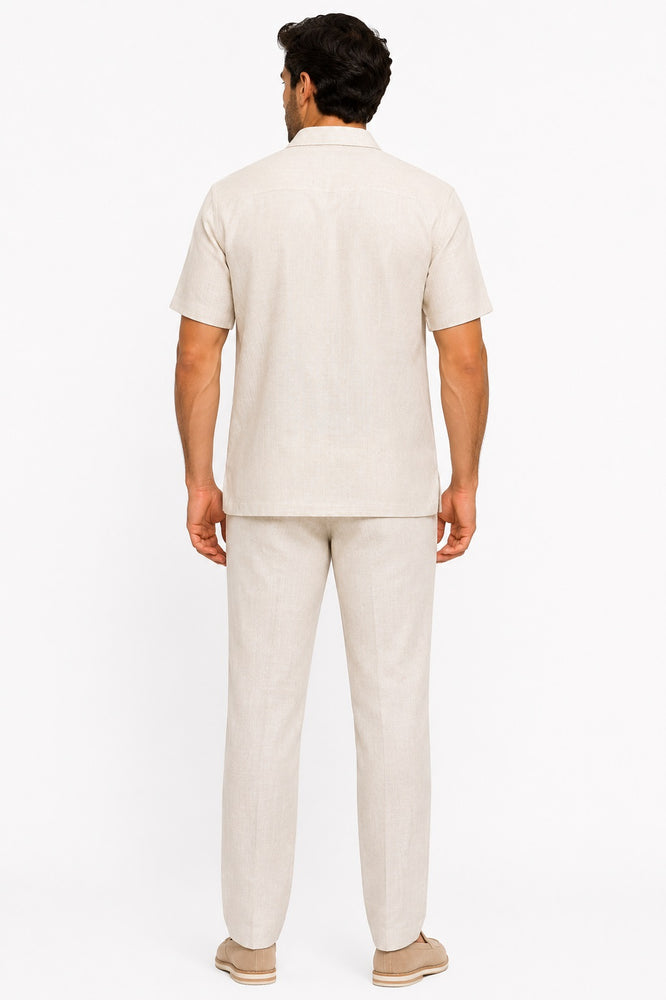 Mens Linen Suit - Summer Casual Two Piece Mens Walking Outfit For Sale Pant Sets Casual Suit Short sleeve Shirt + Pants Natural