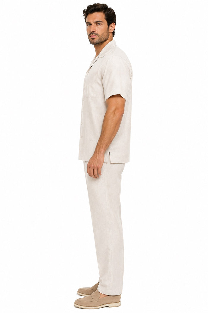 Mens Linen Suit - Summer Casual Two Piece Mens Walking Outfit For Sale Pant Sets Casual Suit Short sleeve Shirt + Pants Natural