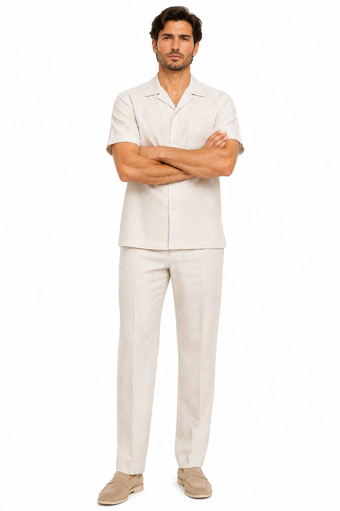 Mens Linen Suit - Summer Casual Two Piece Mens Walking Outfit For Sale Pant Sets Casual Suit Short sleeve Shirt + Pants Natural