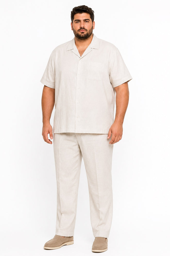 Mens Linen Suit - Summer Casual Two Piece Mens Walking Outfit For Sale Pant Sets Casual Suit Short sleeve Shirt + Pants Natural