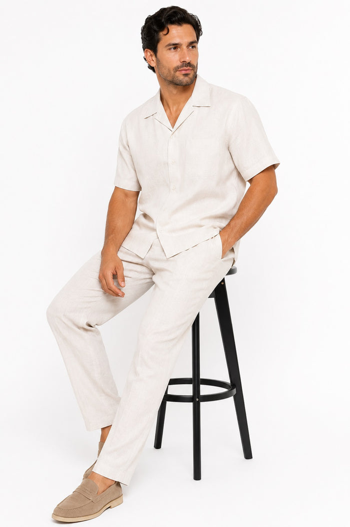 Mens Linen Suit - Summer Casual Two Piece Mens Walking Outfit For Sale Pant Sets Casual Suit Short sleeve Shirt + Pants Natural