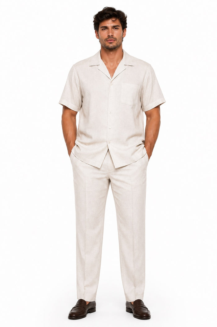 Mens Linen Suit - Summer Casual Two Piece Mens Walking Outfit For Sale Pant Sets Casual Suit Short sleeve Shirt + Pants Natural