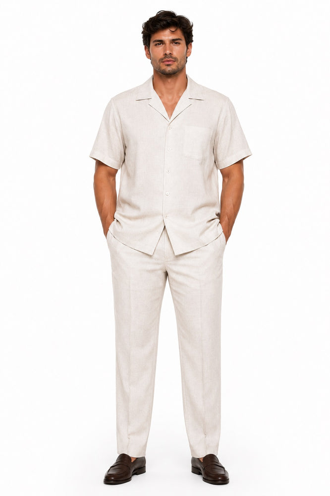 Mens Linen Suit - Summer Casual Two Piece Mens Walking Outfit For Sale Pant Sets Casual Suit Short sleeve Shirt + Pants Natural