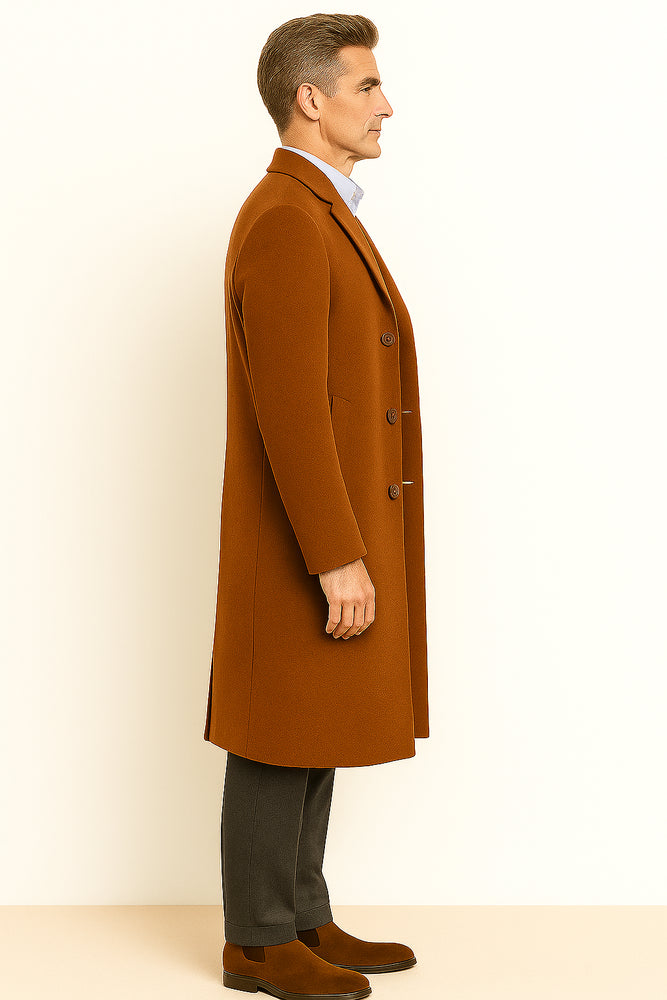 Men's Dress Coat full length Overcoat ~ Long Men's Dress Topcoat - Winter coat Rust (Cashmere Touch (not cashmere))
