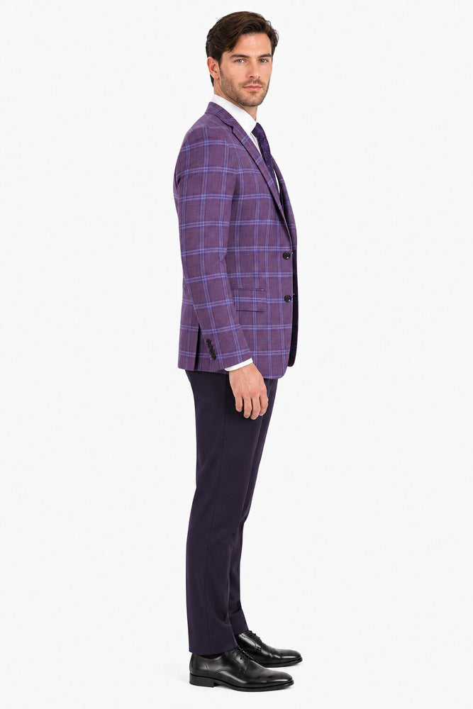 Mens 2 Button Suit with Low Cut Vest in Eggplant | Purple Plaid