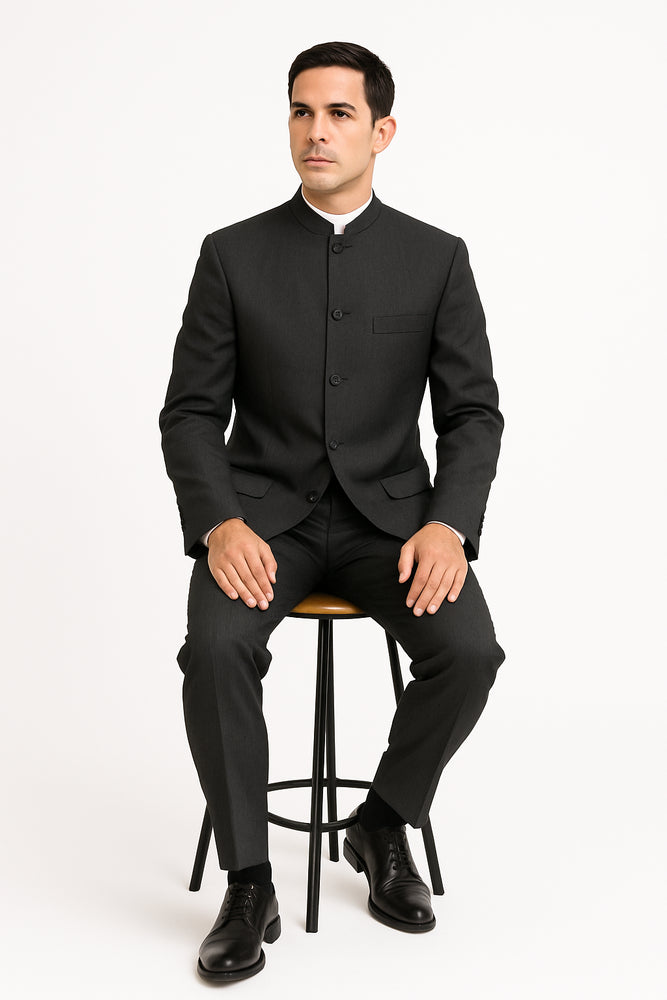 Men's Suit Mandarin Collar Black Pinstripe 5 Button Chinese Nehru Banded Collar Style Three Piece Low Priced Fashion Outfits Suits