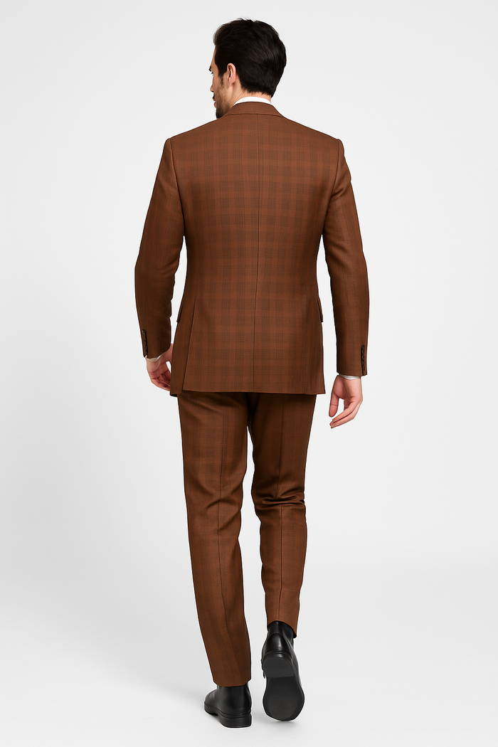 Modern Fit Plaid Windowpane Men's Suit with Double-Breasted Vest - Brown