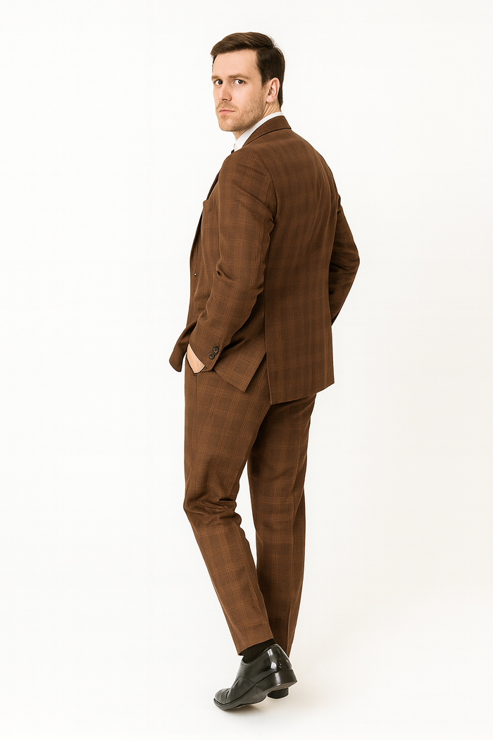 Modern Fit Plaid Windowpane Men's Suit with Double-Breasted Vest - Brown