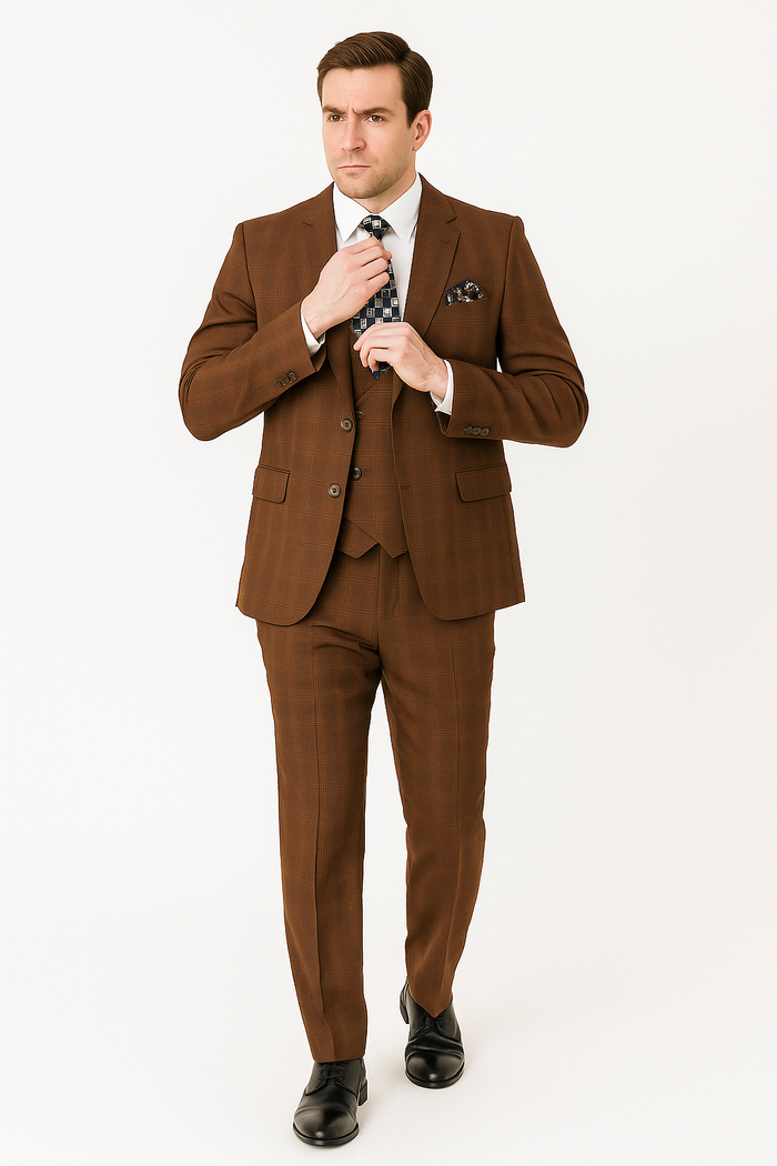 Modern Fit Plaid Windowpane Men's Suit with Double-Breasted Vest - Brown