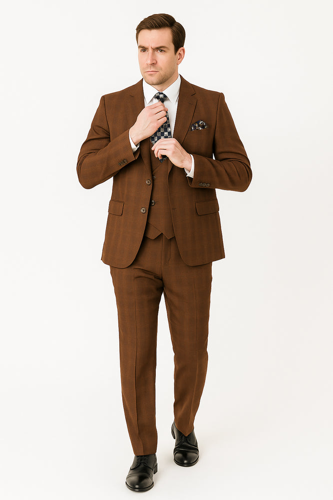 Modern Fit Plaid Windowpane Men's Suit with Double-Breasted Vest - Brown