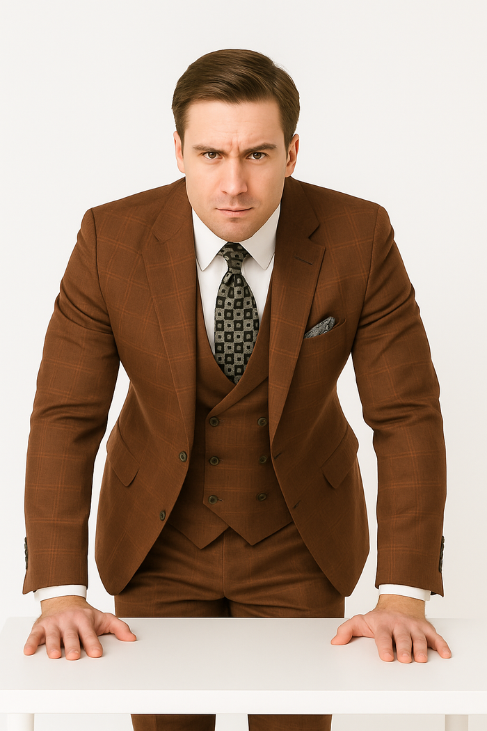 Modern Fit Plaid Windowpane Men's Suit with Double-Breasted Vest - Brown