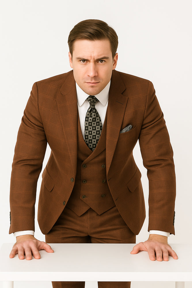 Modern Fit Plaid Windowpane Men's Suit with Double-Breasted Vest - Brown