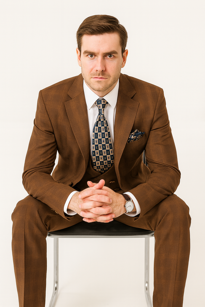 Modern Fit Plaid Windowpane Men's Suit with Double-Breasted Vest - Brown