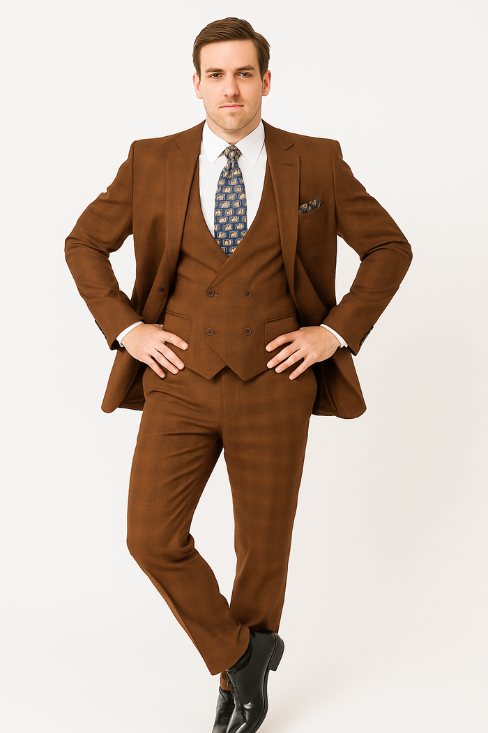 Modern Fit Plaid Windowpane Men's Suit with Double-Breasted Vest - Brown