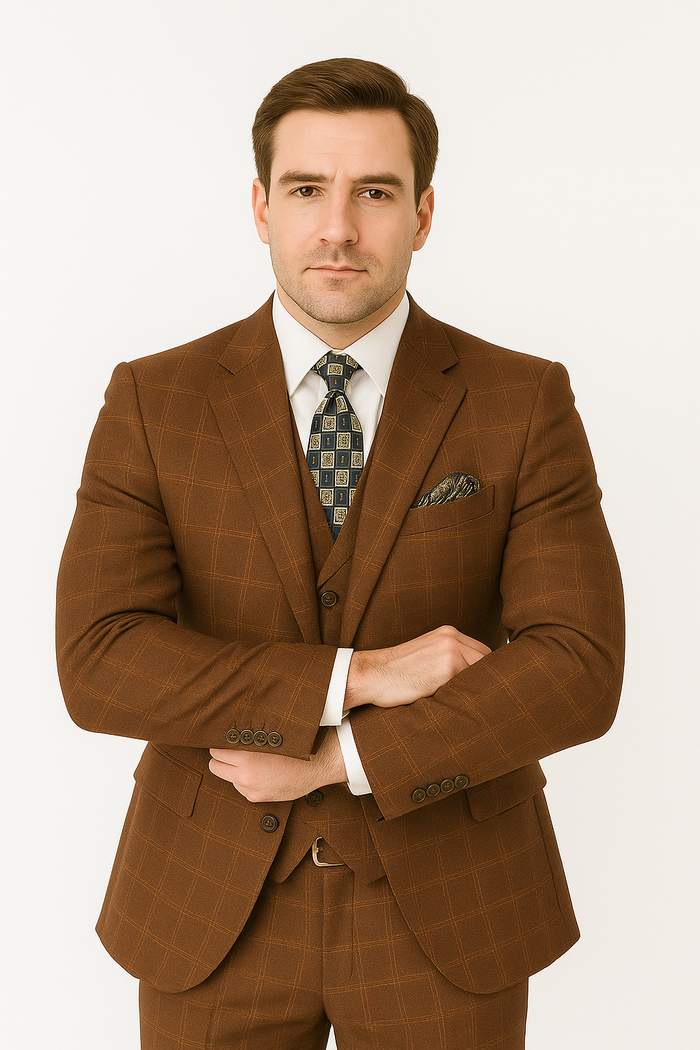 Modern Fit Plaid Windowpane Men's Suit with Double-Breasted Vest - Brown